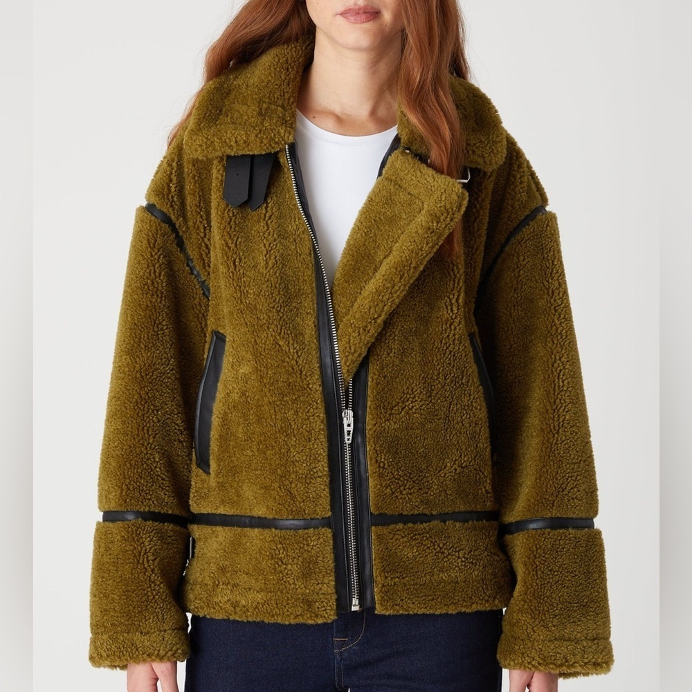 Blank NYC Self Talk Sherpa Moto Jacket Moss Green - L - Picture 2 of 8